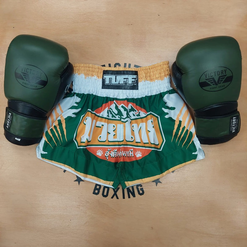 TUFF MUAY THAI SHORTS MOUNTAIN BEAR GREEN/WHITE