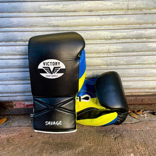VICTORY GLOVES LEATHER SAVAGE X-LACE BLACK/BLUE/YELLOW