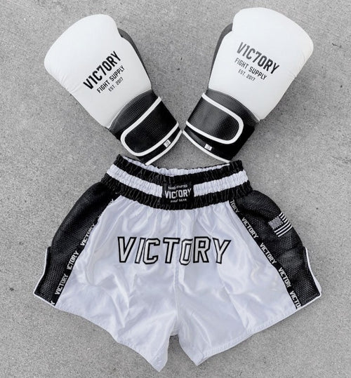 Victory muay thai shorts white and black usa