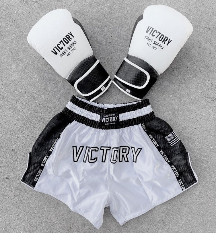 Victory muay thai shorts white and black usa